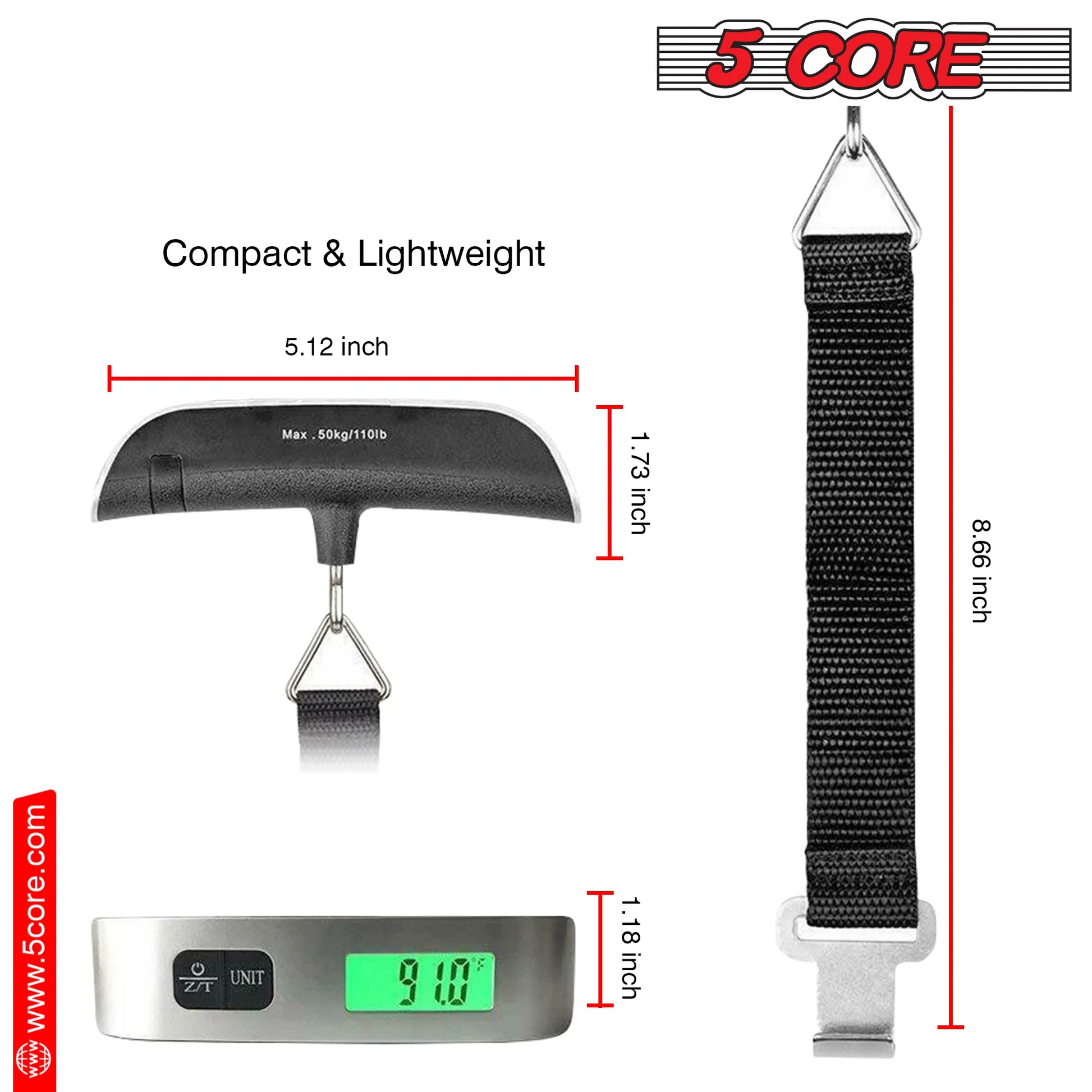 5 Core Luggage Scale 110 Pounds Digital Hanging Weight Scale W Backlight Rubber Paint Handle Battery Included- LSS-004