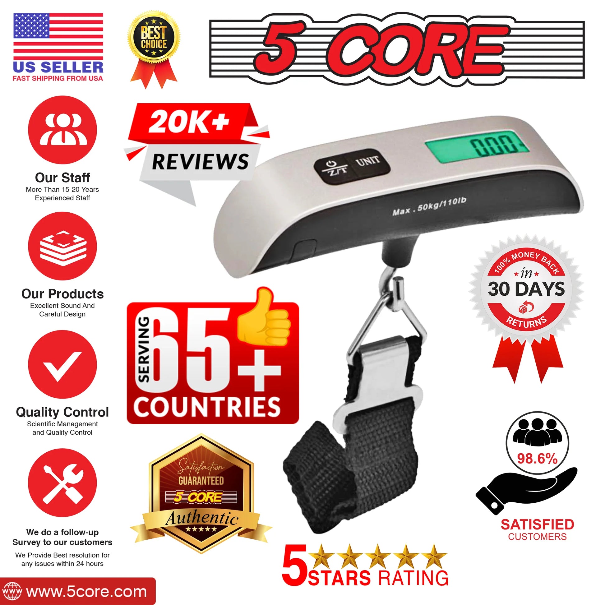 5 Core Luggage Scale 110 Pounds Digital Hanging Weight Scale W Backlight Rubber Paint Handle Battery Included- LSS-004